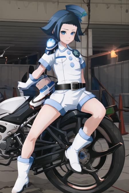 masterpiece, best quality, ultra-detailed, Sawai Riko, short hair, blue hair, blue eyes, white shirt, uniform, 3 blue buttons, police hat, white gloves, police star, black belt, white gloves, white shorts,  police light bar,  1  girl, solo, white boots