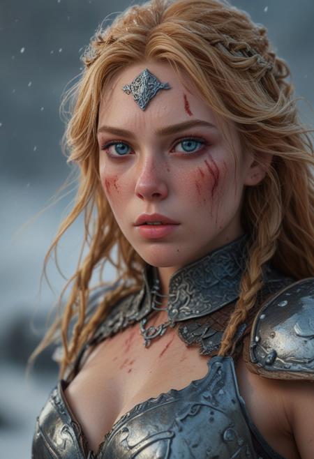 High resolution ultra-realistic of Beautiful Freya Allan as Viking Warrior Sigrid, Intricately designed iron full body armour, (standing on a bloody snowy battlefield in epic bloody Battle: 1.5), dark fantasy style, wavy blonde hair, nice dirty pale face, oily skin, full body, firm athletic body and figure, beautiful blue eyes, 8k, ultra realistic, hyper realistic, highly detailed, curves, Beautiful Freya Allan as Viking Warrior Sigrid,  fiery blonde hair contrasting with the frosty atmosphere, reminiscent of Alex Grey's and Dan Mumford's art styles, beautiful perfect close-up pupils, daylight, high contrast, colorful polychromatic, beautiful firm Breasts, defiant and seductive, wet oily shiny skin, ultra detailed, (Intricately Designed dirty face: 1.3), Cinematic clorful lighting, realistic body and face, Photograph Taken on Nikon D750, Intricate, Elegant, Digital Illustration, Scenic, Hyper-Realistic, Unreal Engine, CryEngine, Octane Render, Artgerm, WLOP, Greg Rutkowski, 8k ultra high resolution concept art, hyper-defined, sharp focus, echoing, (hyperdetailed body and face: 1.3), Atrractive, Atrractive 21 years old woman, attractive bust girl, asymmetric balance