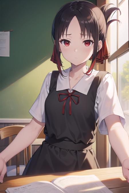 kaguyashinomiya, <lora:kaguyashinomiyatest:1>,
kaguya shinomiya, folded ponytail, forehead, hair ribbon, (red eyes:1.5), red ribbon, ribbon, short hair, sidelocks, (small breast:1.2),
BREAK black dress, dress, pinafore dress, school uniform, shirt, short sleeves, shuuchiin academy school uniform, white shirt,
BREAK looking at viewer,
BREAK indoors, classroom,
BREAK <lora:GoodHands-vanilla:1>, (masterpiece:1.2), best quality, high resolution, unity 8k wallpaper, (illustration:0.8), (beautiful detailed eyes:1.6), extremely detailed face, perfect lighting, extremely detailed CG, (perfect hands, perfect anatomy),