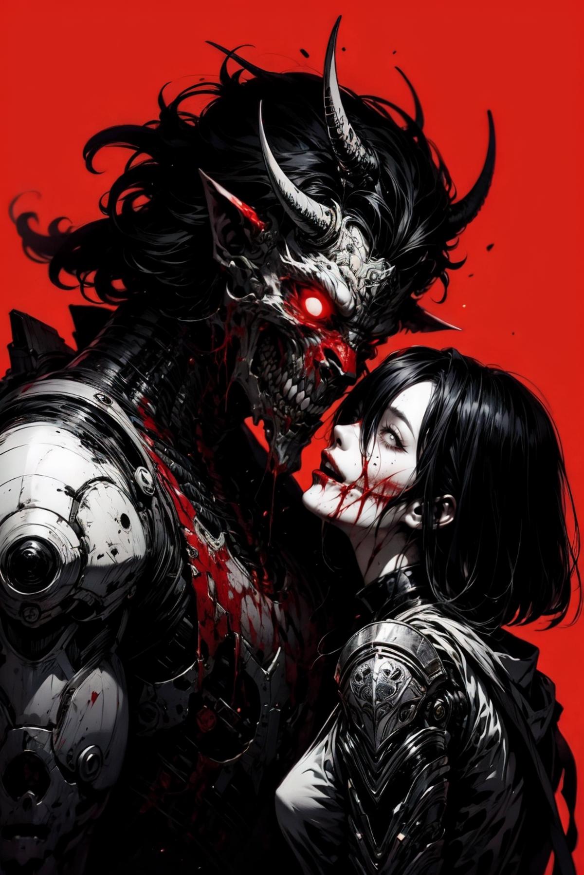 A demonic creature with red eyes and horns is seen with a woman who has blood coming from her mouth, both of them appearing to be in a romantic embrace.