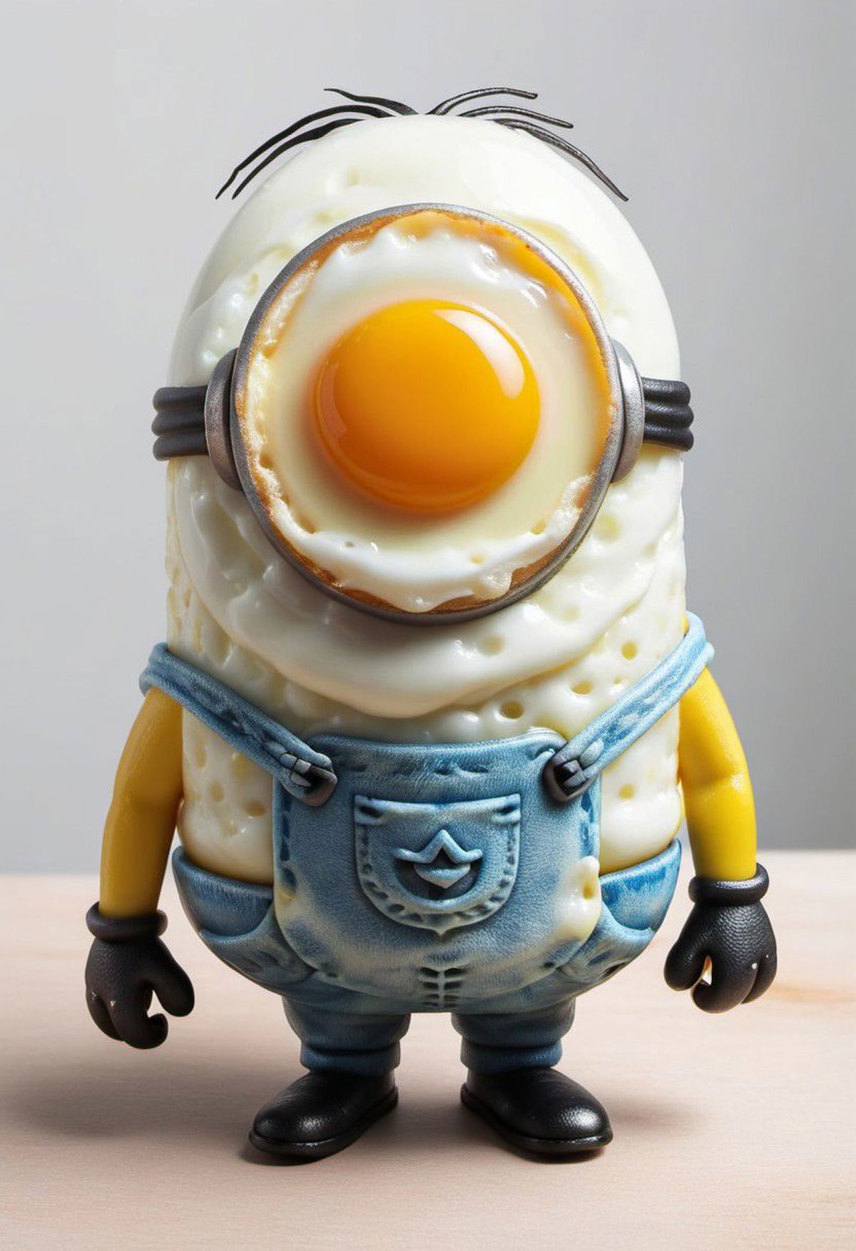 A yellow and blue "Minion" figurine with an egg on top of its head.