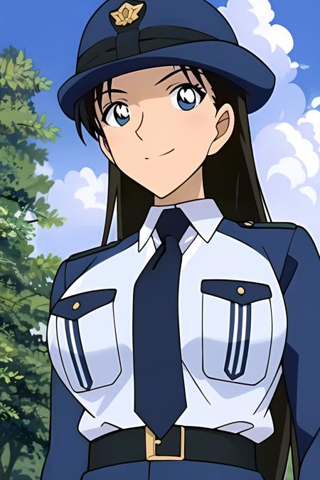 ((masterpiece)),((best quality)),ultra-detailed,illustration,police,uniform,police uniform,1girl,necktie,policewoman,hat,solo,long hair,black hair,police hat,smile,blue eyes,sky,looking at viewer,day,cloud,tree,shirt,outdoors,brown hair,white shirt,upper body,blue sky,anime coloring,jacket,black necktie,closed mouth,blue necktie,collared shirt,black eyes,Beautiful body,Beautiful Nose,Beautiful character design,perfect eyes,perfect face,alluring,wallpaper,perfect lighting,Colorful,ultra highres,4K,photography,
8K,HDR,highres,(Beautiful, medium breasts:1.2),(beautiful face:1.2),(narrow waist),(full body:0.8),shiny skin,anime screencap,from below,<lora:Miyamoto Yumi1:0.7>,mature female,