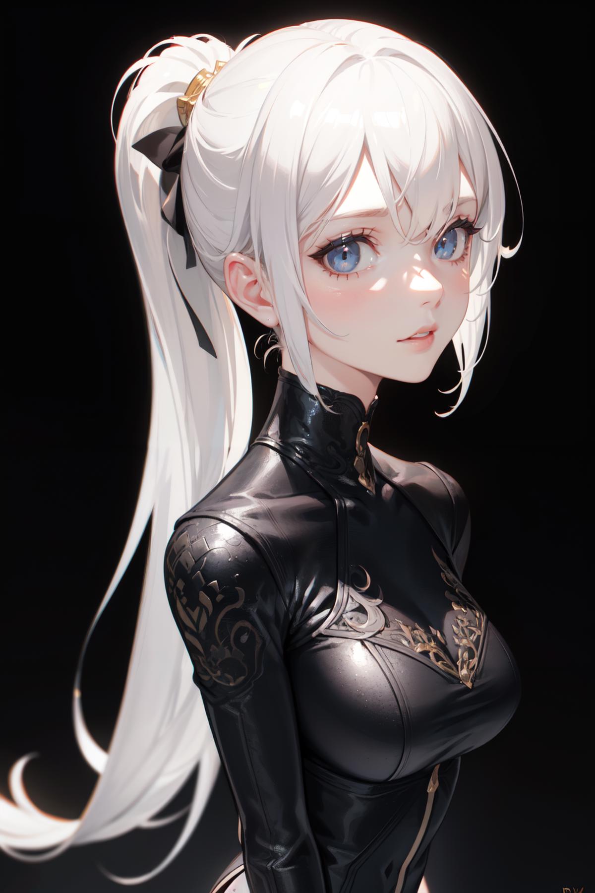 A beautiful and elegant female character with blue eyes and white hair, wearing a black leather outfit and a black bow in her hair.