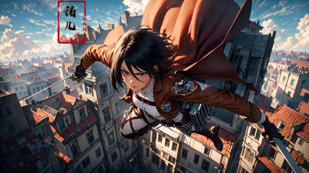 Mikasa Ackerman (Attack on Titan), jumping out between two building,
stunning move,thrilling moment,high altitude,speedy,upside down, arms crossed, serious
Mikasa1girlparadis military uniformbrown jacket
holding weaponthree-dimensional maneuver geartall boots, white shirtpantsbeltred scarfshort hair, black hair, Survey Corps uniform, brown jacket, green regimental belt,
survey corps V(emblem\), training corps V(emblemU),
<lora:~Q?-N	{  Mikasa:0.8>