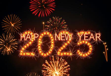 8k resolution image of sign saying "Happy New Year 2025", the letters are on fire, night dark background with fireworks