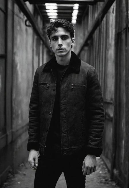 tyson_dayley <lora:tyson_dayley-08:0.75> , urban gritty location, posing in an industrial setting with steel beams,  Timothy tchalamet, natural lighting, dramatic directional lighting, bold confident mood, black and white Peter Lindbergh photography
