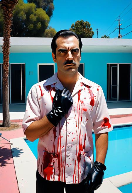devastatingly handsome Miami blood spatter analyst in a guayabera Cuban shirt, thick dark eyebrows, close-set eyes with thick lashes, bedroom eyes that are completely empty and soulless, European nose, angular face with square jaw, perfect proportions, looking down, standing and looking directly at viewer with intense Kubrick stare, head tilted slightly down while eyes look up, unsettling fixed gaze with no emotion behind the eyes, wearing black leather gloves, holding a scalpel, arms at his side with hands hanging at waist level, handsome facade masking complete emptiness, full body, crime scene tape,, vibrant acrylic painting style, bold flat colors, clean geometric compositions, bright California sunlight, crisp shadows, modernist architecture, swimming pool blue tones, perfectly manicured landscapes, mid-century modern aesthetic, saturated color palette, smooth gradients, minimal detail work, contemporary pop art influence, architectural precision, optimistic 1960s atmosphere,