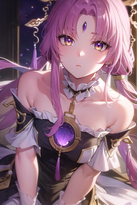 fu xuan, (yellow eyes:1.5), forehead jewel, hair ornament, hair stick, long hair, low twintails, parted bangs, pink hair, twintails, bare shoulders, black dress, bridal gauntlets, detached collar, detached sleeves, dress, jewelry, neck ring, pantyhose, skirt, white pantyhose, white skirt,