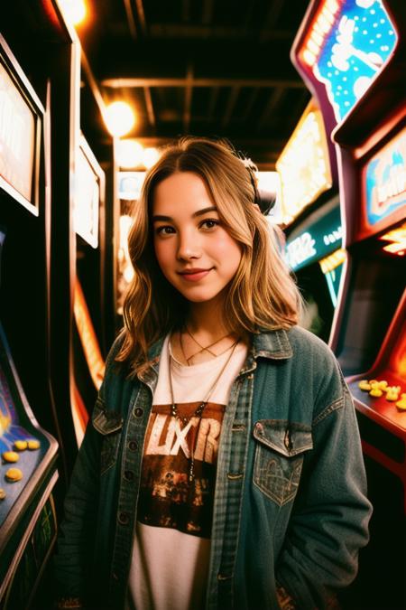 ((wide angle)) ((movie poster)), ((wearing casual grunge clothes)) ((at an arcade)), ((looking at camera)), big smile, PDMClara, Detailed, Detailed pretty face, Sharp Focus, (Detailed and intricate), Leica 35mm F2.8, Fuji Superia Reala 100, <lora:PDMClara:0.9>