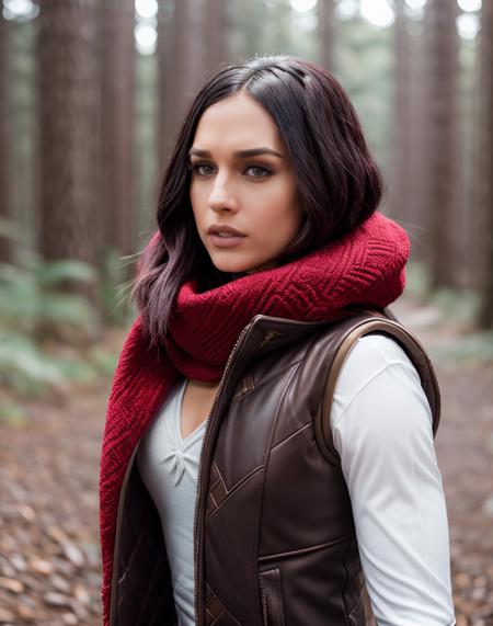 Marvel Cinematic Universe cinematic photo , realistic, style raw,   <lora:quiron_KhloeKay_v1_lora:0.87> KhloeKayQuiron woman, a caucasian white woman Dressed in the (style of Folk Pirate  leather outfit  Edgy Mustard Puffer vest with Pashmina) (with Snow-covered Forest in the background ),  Walking, pretending to follow a butterfly, . 35mm photograph, film, bokeh, professional, 4k, highly detailed . Superheroes, epic battles, colorful, highly detailed