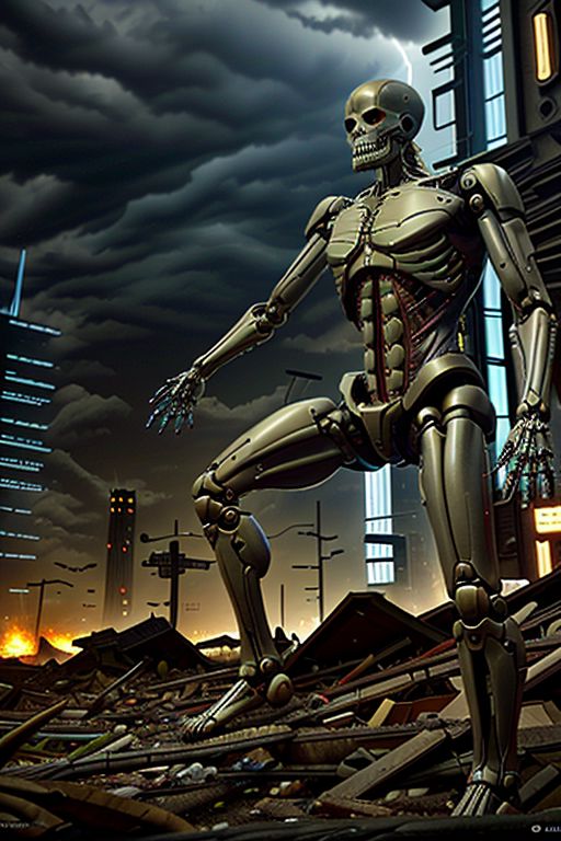 a (BORG (giant war robot with cobalt muscles, color wires and transparent panels)) BREAK
wearing a (cybernetic skeleton) with sharp spikes, combat pose BREAK
rampaging in a (large city), destroyed buildings and explosions, piles of rubble on fire BREAK
in a (storm night with thunders in the distance) BREAK
photo realistic, 24mm, dolly zoom, dutch angle, cinematic look, lens flare, sharp focus, intrincate details, volumetric light