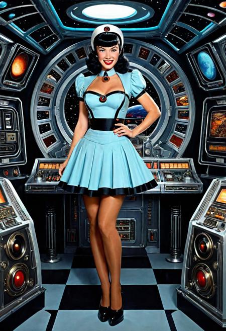 Betty Page, dark eyes, costume, fabulous, stunning, astonishing, glamorous standing pose, Baroque,  retro science fiction pinup girl, smiling, wearing a vintage cocktail waitress uniform with tight bodice short flared hem pleated skirt combined with a retro scifi spacesuit, full length portrait, classical, powerful, fine line colored scribbles, art antique fantasy 16k resolution concept art, detailed, vivid, realistic, retro scifi spaceship interior, scifi tv setting, scifi movie, computers, dials, switches, scanners, beautiful, detailed, etched, Art Deco, 1950's 1960'sl hyperdetailed, full length portrait,