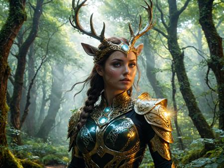 A Celtic warrior woman riding a cybernetic stag through an ancient forest illuminated by bioluminescent plants and futuristic technology. She wears a fusion of traditional Celtic armor intertwined with advanced nano-fabric, glowing with ethereal runes that pulse with energy. Her companion, the cybernetic stag, is a marvel of bioengineering and robotics, with antlers that shimmer with holographic projections of Celtic knots and patterns. They move silently, swift as a shadow, on a path lit by floating orbs emitting soft, mystical light. Around them, the forest is alive with the sounds of nature and the subtle hum of hidden technology. Ancient trees are entwined with digital vines, displaying flowing scripts of forgotten languages. The scene is a breathtaking fusion of past and future, where technology and mythology converge, creating a world where the boundaries of time and reality are blurred. Include intricate details of the warrior's expression of fierce determination, the sleek design of the cybernetic enhancements, and the vibrant ecosystem that merges natural and artificial elements seamlessly. Natural light, 35mm photograph, film, professional, 4k, highly detailed, Golden hour lighting. Depth of field F2. Rule of Thirds Composition.
perfect fit body, seductive,hdr,toned abs,tatoo,Exquisite details and textures, highly detailed face, hdr, detailed shiny skin,detailed body, detailed hair,volumetric fog, DSLR, high quality, detailed, film grain
 <lora:xl_more_art-full_v1:0.7>
 <lora:add-detail-xl:0.5> <lora:DetailedEyes_V3:1> <lora:epiCRealismHelper:1>