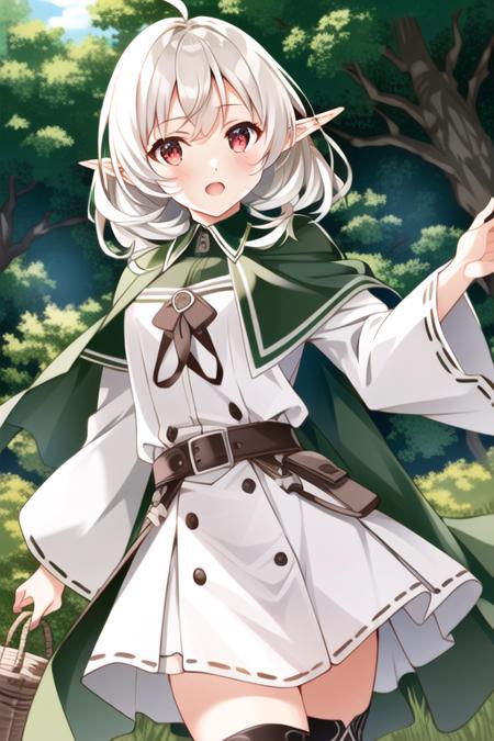 masterpiece, best quality , (red eyes:1.2), white hair,  (Sylphiette:0.8),  (short hair:0.8), white dress, long sleeves, elf ears,  floating hair,  short white European sundress with black trim,   white puffy  long sleeves, tan wicker belt , sailor collar black , white knee high boots , (green adventuring shawl:1.2), 4k, 8k , hyper-detailed, realistic light, unity, hard lighting, intricate details, stop motion, hyperfocus, tonemapping, sharp focus, hyper detailed, scary, zoom out, villian, colorful, beautiful,  vibrant colors, intricate details, elegant, sharp focus,