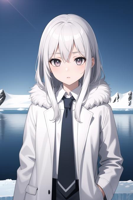 masterpiece,best quality,1girl,antarctic,ice sheet,long white hair,silver eyes,fur coat,tie