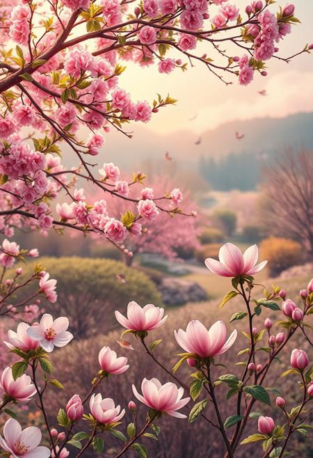 A beautiful landscape reminiscent of a spring. A garden with a warm wind blowing. 
garden filled with blooming plum blossoms. 
You will be enchanted by the beautiful paintings. 
best quality, 8k, ultra-detailed, very aesthetic, superb composition, finest details, intricate details, absurdres, high contrast,