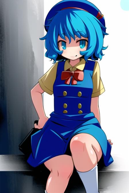 <lora:HakikaStyle:1>, 1girl, blue hair, smile, sitting, short hair, schoolgirl uniform, hat,