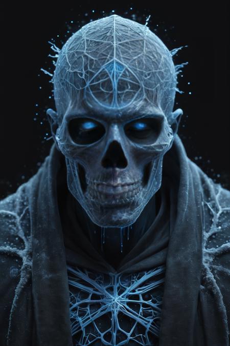 A symmetric portrait of a male, evil frozen necromancer, features dissolving into frozen magic thin, luminescent blue lines. Weighted Voronoi stippling and laser caustics create a network, transitioning from hyper-realistic detail to abstract, quantum-inspired forms. Ethereal hues blend, evoking existential transition and mystery. Close-up on face, evil skull partially visible. Set against a twilight arctic backdrop, icy winds ripple through his tattered robes. Rendered in a fusion of photorealism and digital surrealism, the scene is illuminated by ghostly Northern Lights. Emphasis on cold, menacing atmosphere, invoking Nordic myths