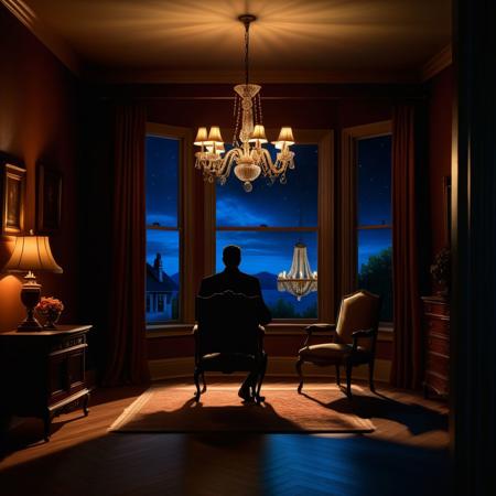 Ultra realistic color pencil  image of
a view of a window at night, viewer is outside the house looking in through the window on a living room, where the silhouette of a man sitting on a chair, under a chandelier can be seen. The window is broken up into smaller windows by muntins. 
BREAK
Dark theme, dynamic lighting, (soft shadows), (soft focus), (photo realistic), uhd, 8k