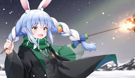 best quality, 1girl, (solo:1.2), usada pekora, explosion, twin braids, two-tone hair, white hair, blue hair, carrot hair ornament, rabbit ears, Hogsks, hogwarts school uniform, (black cloak:1.1), gray vest, slytherin, (green scarf:1.2), outside, snow, :D, blue tie, green emblem, wand, (black-green cloak:1.2)