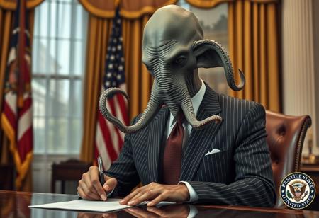 president cthulu in a sharp pin striped suit posing for presidential portrait in the oval office, real photograph, signing bill, empty eyes, lovecraftian, vote for cthulu photorealistic, correct hands, correct fingers, seal of the president of the united states, ad to vote, republican, election