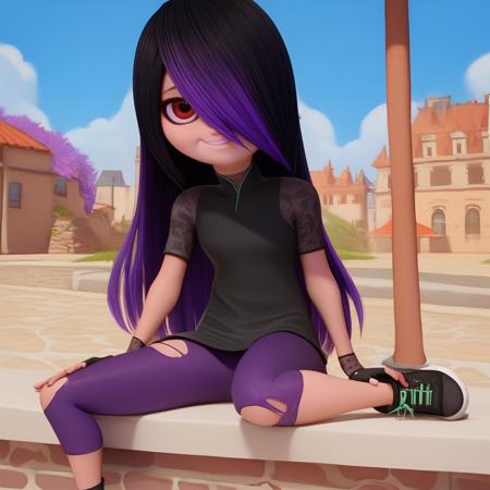 Juleka 1girl solo black hair purple hair black shirt leggings black sneakers  hair over one eye red eyes