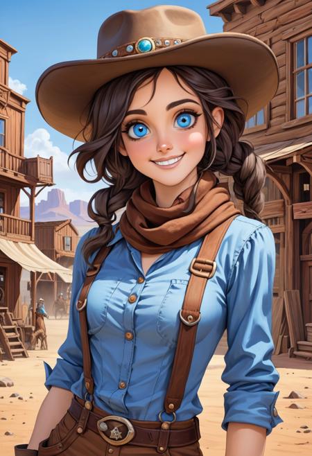 a young girl with large eyes and fair skin. She is dressed in a stylish, eild-west-inspired outfit, wearing a long-sleeved blue shirt with many buttons and brown suspenders. She has a scarf tied around her neck. Her hair is dark and slightly disheveled. She is smiling brightly. She is wearing a white Stetson. The background of the image is a Wild West town at midday.