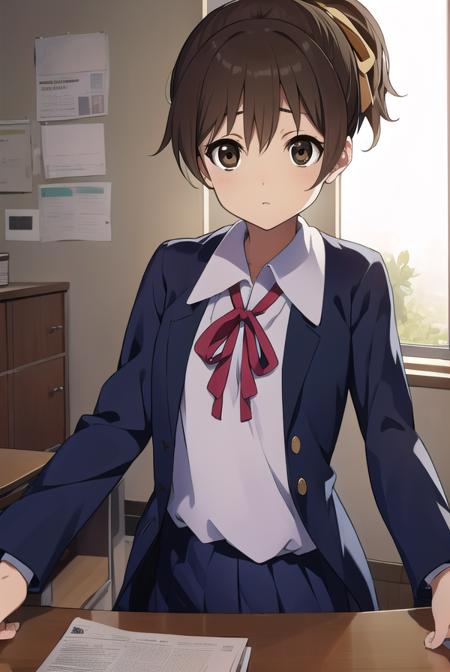 konuihirasawa, <lyco:uihirasawa-LYCORIStest:1>,
ui hirasawa, (brown eyes:1.5), brown hair, ponytail, short hair, (flat chest:1.2),
BREAK sakuragaoka high school uniform, school uniform,
BREAK looking at viewer,
BREAK indoors, classroom,
BREAK <lora:GoodHands-vanilla:1>, (masterpiece:1.2), best quality, high resolution, unity 8k wallpaper, (illustration:0.8), (beautiful detailed eyes:1.6), extremely detailed face, perfect lighting, extremely detailed CG, (perfect hands, perfect anatomy),