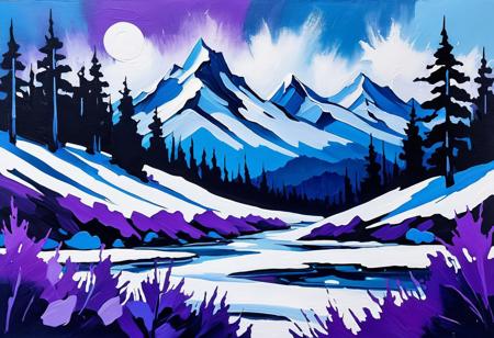 Moody abstract expressionist mountainview with snow and happy little trees inspired by the spontaneous gestures of Bob Ross, Bob Ross style, no humans, blues and purples tones