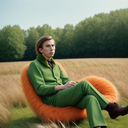 a young man wearing a green outfit, sitting in an orange fur chair, in high grass filed, candid shot, cinematic scene, wes anderson color palette, in the style of surrealistic poses, 1970s, film grain, super 8 camera