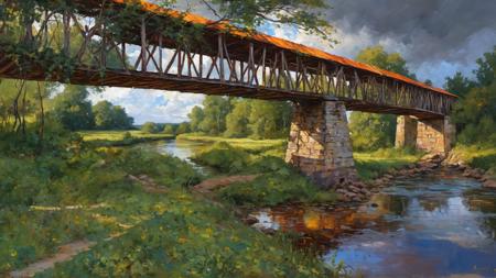 surrealism painting, 16k, extreme detail, fine textures, deep shadows, dark, sharp lines, vivid colors. beautiful. masterpiece, an old ruined wooden bridge over a river with an orange roof, lush vegetation, low wide angle, cloudy sky, , painted in impressionist style, brushstroke painting technique, palette knife painting, an expressive oil painting, Leonid Afremov, (cell shaded:1.2), 2d, (oil painting:1.2) style by carne Griffiths.
