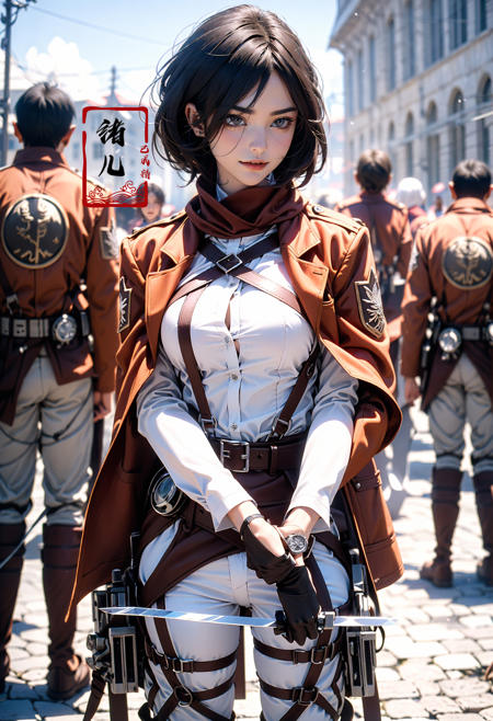 stunning move,thrilling moment, arms crossed, serious, upper body, blurry, blurry_background, blurry_foreground, depth_of_field, motion_blur,
Mikasa1girlparadis military uniformbrown jacket3D Maneuver Gear, blades,
holding weaponthree-dimensional maneuver geartall boots, white shirtpantsbeltred scarfshort hair, black hair, Survey Corps uniform, brown jacket, green regimental belt,
survey corps V(emblem\), training corps V(emblemU),
<lora:~Q?-N	{  Mikasa:0.8>