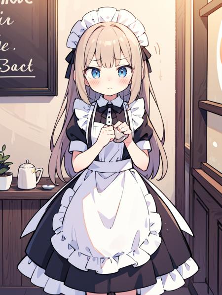 1girl, maid, cafe, (shy:1.4), (blush:1.4), unamused