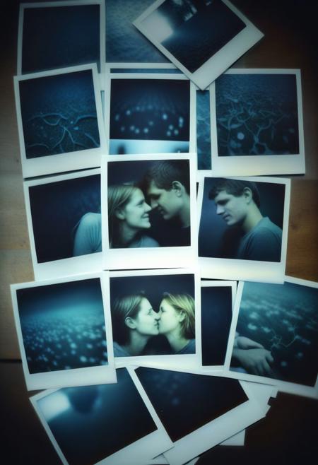 poluzzle the life of a couple throughout the years, polaroid photos, cinematic, dark atmosphere <lora:poluzlle:1>