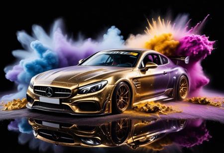 GOLD LIQUID METAL sports car, race car, racing through SILVER LIQUID METAL, liquid metal sprays up from the cars tyres, Car drifting in a black void, huge colourful powder Explosion above the car