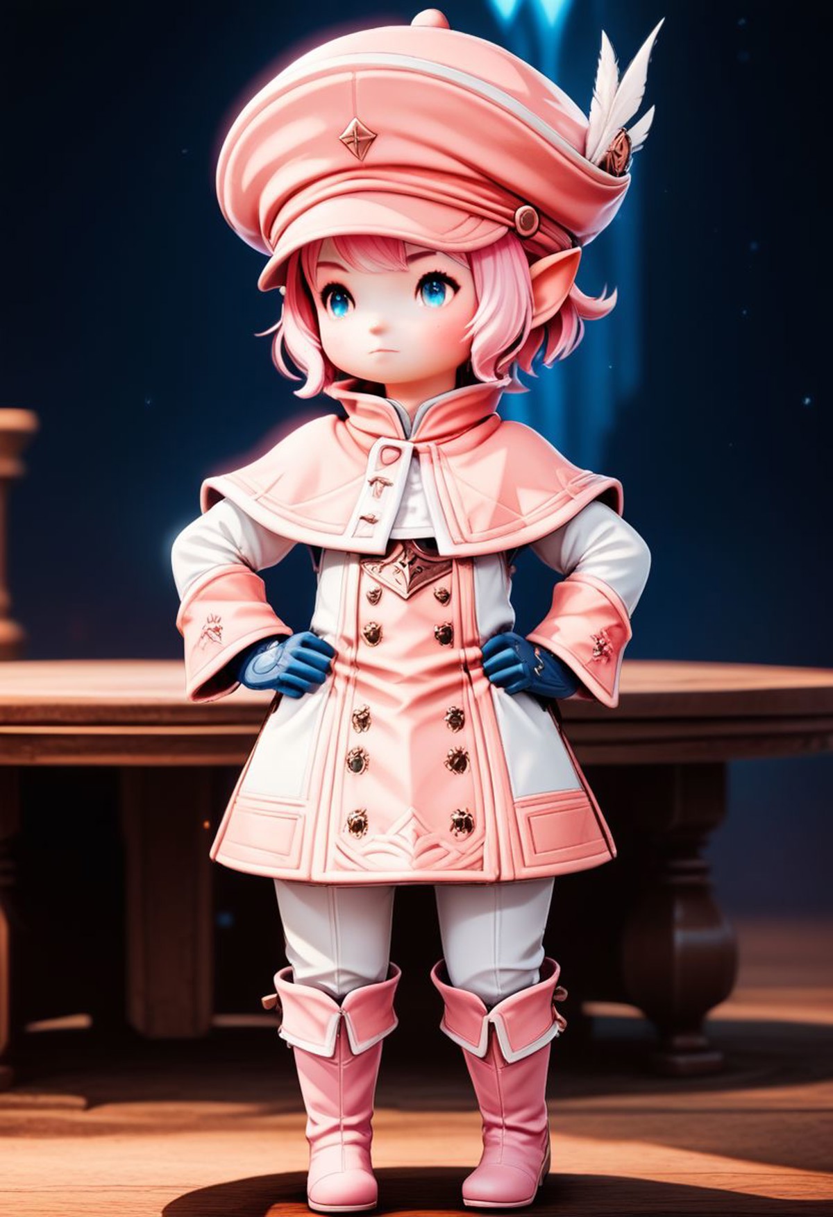 LalaTater, Lalafell, 1girl, blue eyes, boots, capelet, closed mouth, full body, gloves, hands on hips, hat, long sleeves, ...