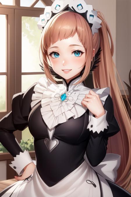 masterpiece, best quality, fefelicia, blue gem, maid headdress, maid outfit, white apron, upper body, smile, nervous<lora:feliciaflora-nvwls-v1-000010:0.9>