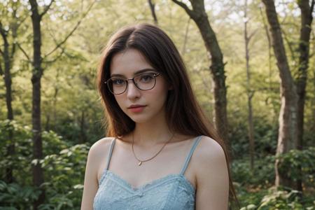 35mm film, one pretty european girl, solo, supermodel, long light brown hair, long wavy hair, pale skin, perfect face, small nose, blue eyes, lips, big tits, nice breasts, necklace, black frame glasses, short blue lace dress with a belt, white heeled shoes, looking at viewer, looking directly at viewer, a breathtaking forest view, offering panoramic views of majestic and sweeping trees, nature light, early spring season, full body view of girl, epiCPhoto, <lora:pytorch_lora_weights:0.5>, <lora:picxer_real:0.7>, <lora:FilmVelvia3:0.3>, <lora:more_details:0.6>
