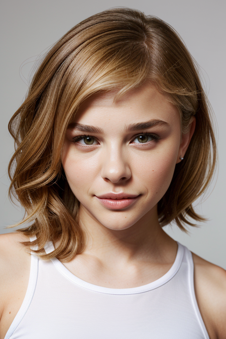 ChloeMoretz, (slim, fit, model polaroids, white cotton tanktop, white Lycra leggings:1.2), (closeup on upper body:1.3), casual wavy mid-length hair, relaxed pose, serious look, neutral background