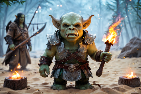 bioluminescent, an orc child with green skin, wearing a simple tunic, playing with a wooden toy, solo, from the Stonefang Clan, with stone armor and fang-shaped tattoos, an orc camp with leather tents, wooden stakes, a central bonfire, detailed background, commanding an army, raising a sword, exhausted, slumping posture, environment focus, wide shot, a hunting expedition with orcs tracking, worgs running, forest rustling, a wooden staff with a skull on top, nearby, on a sandy dune, shifting sand, sunny, bright sunlight, clear skies, warm glow, midnight, dark starry sky, moonlight, cool stillness, best quality, vibrant colors, realistic style, high detail, high-definition, hyper-realistic, extremely high-resolution details, fine texture, incredibly lifelike, realistic, not cartoon, not drawing, highres, 4K resolution, source photo, realistic photo, masterpiece, best quality, amazing quality, very aesthetic, ultra-detailed, detailed textures, natural lighting, soft light, plains yellow tones, golden yellows and greens, moonlight, cool silver glow, medium shot, <lora:Mystic_Lumina_r1-000007:0.9>