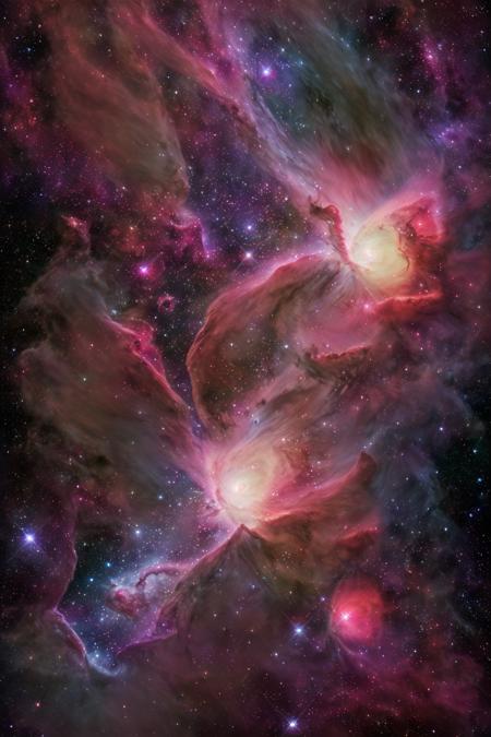 (masterpiece), (best quality), ultra-high-resolution wide-angle view of the Orion Nebula, glowing nebula gas clouds stretching across space, rich purple and crimson colors, bright star cluster in the center, deep space backdrop filled with thousands of stars, photorealistic detail, cosmic scale, ultra-clear, beautiful astrophotography look