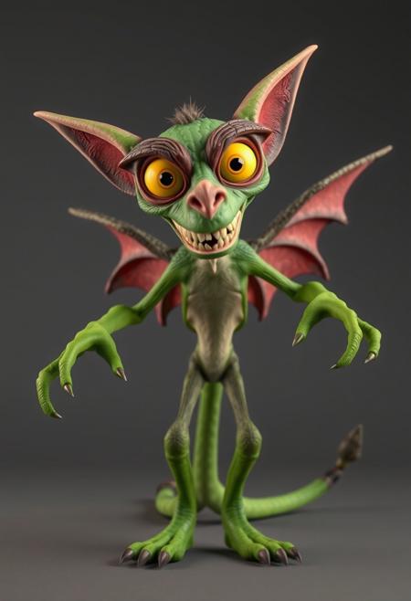 Clay Animation - a pixar style 3d animated green character called a jabberwock, angry, fierce, scary, big yellow eyes, wings, scales. long ears. long sharp teeth. at least ten feet tall with a simian like build, almost like a lemur. dancing, Its limbs are long and elongated and slender, 3 long fingers and claws. with a pointed end long tail ending, standing on two toes with a dewclaw/thumb. looking at camera over a simple background