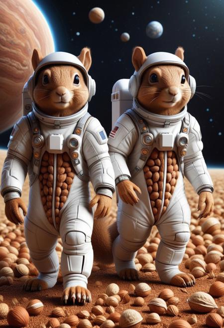 two squirrels in space suits walk outside their spaceship after landing on a planet make completely from various type of nutstylesnut
