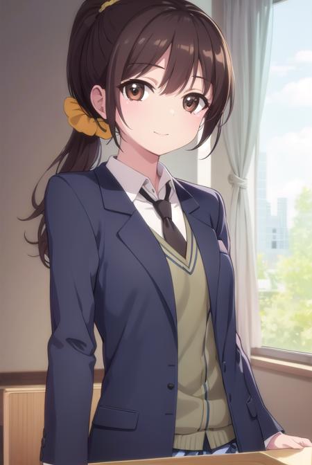 rikashiguma, <lora:rika shiguma s2-lora-nochekaiser:1>,
rika shiguma, brown hair, (brown eyes:1.3), ponytail, glasses, scrunchie, yellow scrunchie, smile,
BREAK school uniform, necktie, labcoat,
BREAK indoors, classroom,
BREAK looking at viewer, (cowboy shot:1.5),
BREAK <lyco:GoodHands-beta2:1>, (masterpiece:1.2), best quality, high resolution, unity 8k wallpaper, (illustration:0.8), (beautiful detailed eyes:1.6), extremely detailed face, perfect lighting, extremely detailed CG, (perfect hands, perfect anatomy),