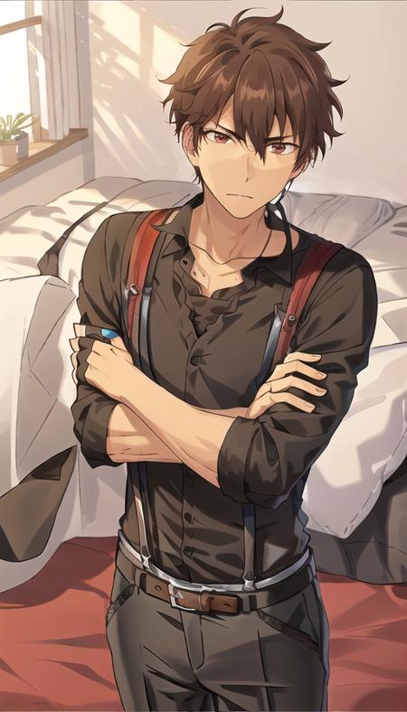 <lora:qianqiu:0.57>,1boy, bangs, red_eyes, brown_hair,  parted_lips, hair_between_eyes, male_focus, collarbone, bangsbelt,black_gloves,black_necktie,black_pants,closed_mouth,collared_shirt,crossed_arms,gloves,long_sleeves,looking_at_another,male_focus,necktie,on_bed,pants,pillow,shirt,(((suspenders))),white_shirt,(((solo)))