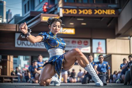 (chun-li, clenched_fist, fighting_game, street_fighter, street fight, celebrating, crowd, street, multiple_others:1.3),
<lora:SF2CL-stasis:1>, (SF2CL:1.0), (chun-li, cute, chinese, asian, hair buns, covered buns, chinese dress, qipao, blue outfit, spiked bracelets, puffy sleeves, thick_thighs, brown pantyhose, white boots:1.1),
(victory pose, kneeling:1.1),
(parted_lips, angry, shouting:1.2),
<lora:3DMM_V12:0.5>,
intricate, masterpiece, best quality, highly detailed, brown hair, 
(action scene), dreamlikeart, nostalgia, depth of field, dynamic pose, dramatic angle, unreal engine, 8k, highly detailed, photo, photorealistic, hyperrealistic, cinematic lighting, cinematic composition, beautiful lighting, sharp, details, hdr, 4k