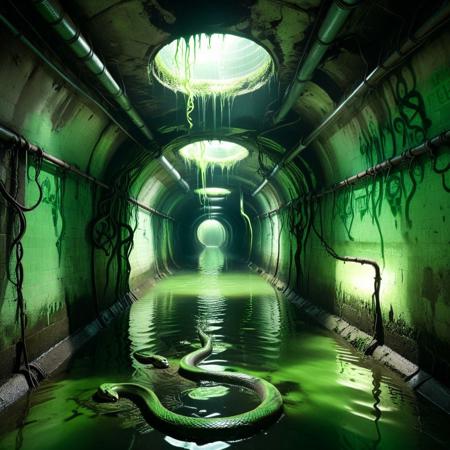 a flooded chamber deep beneath the city, ceiling lost in shadow, support beams jutting out at irregular angles, green backlight casting strange shadows on the liquid surface, cables floating loosely like snakes, stillness pierced only by dripping echoes, sewer, tunnel, creepy, dirty, reflection