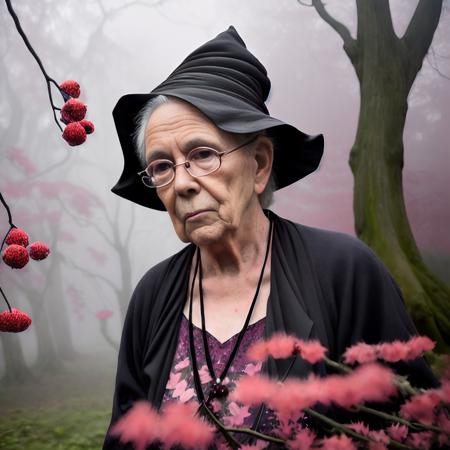 rogowoarboretum portrait of an elder witch collecting red berries and pink flowers in the background, intricate detail, gloomy foggy atmosphere, (Tyndall effect:1.2), natural lighting, very sharp, nice bokeh professional photography <lora:hjrogowoarboretum_v10:0.8>