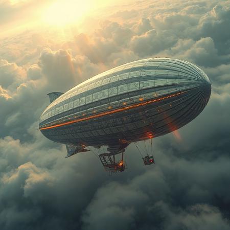 masterpiece, ultra-detailed, dutch angle view of a trippy zeppelin drifting through tangled circuits and misty clouds, metalic-scale patterns glowing under electric stormlight, silver colors
