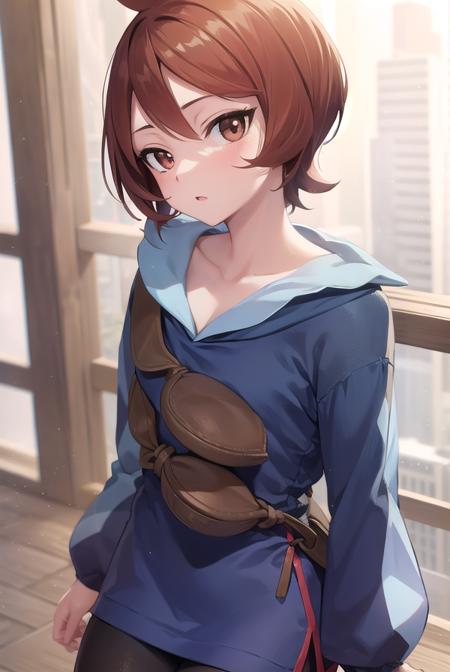 pokemonarezu, brown hair, cowlick, short hair, (brown eyes:1.5), black footwear, boots, collarbone, diamond clan outfit, jacket, long sleeves, pantyhose,